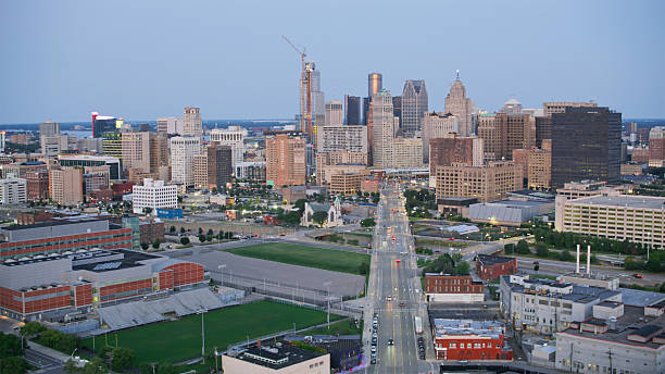 istock Detroit Skyline at Dusk with Roads and Modern Architecture 2220707997