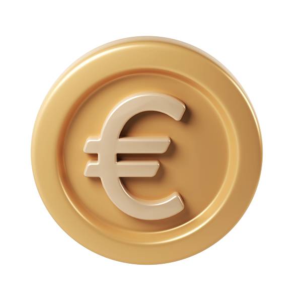 istock Golden 3d render icon financial coin spinning, metallic design gleaming, digital surface with transparent backdrop for euro graphic rendering 2220708043