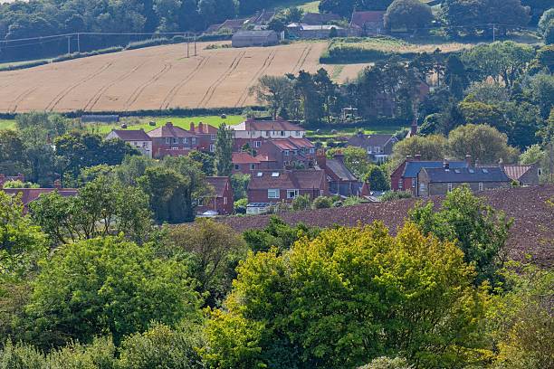 istock A distant view captures a rural landscape with fields and clusters of trees encompassing a settlement of houses 2220708778