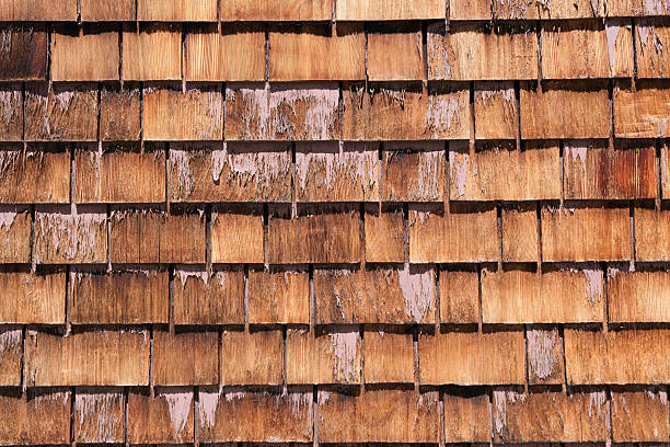 14 MAY 2025 - Tahoma, Lake Tahoe, CA, USA - Wooden shingle tiles on a roof in a national park