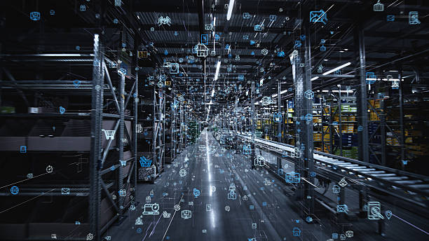 Concept vision of futuristic warehouse and logistics. AI aided supply chain, automated warehouse operations. Smart management to reduce shipping cost. Fullfillment centre.