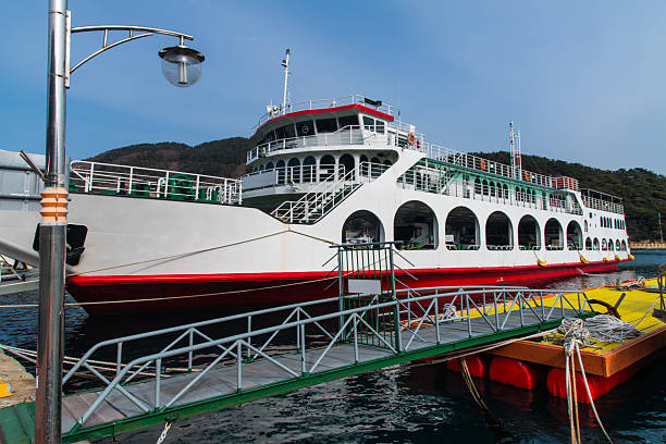Passenger Ferries Docked at Harbor with Walkway Over Water