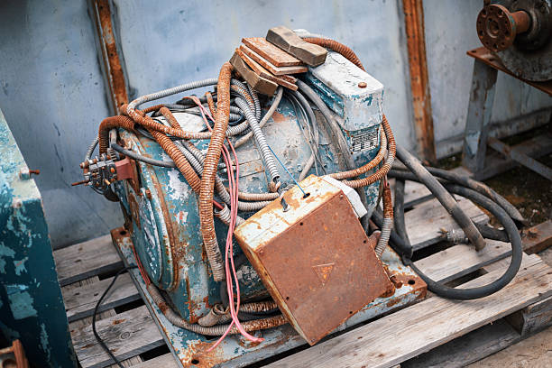 Rusty abandoned electric motor with cables and junction box left on a pallet