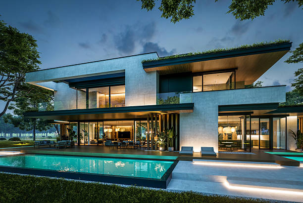 istock 3d rendering of two-story house with concrete facade in night 2220720221