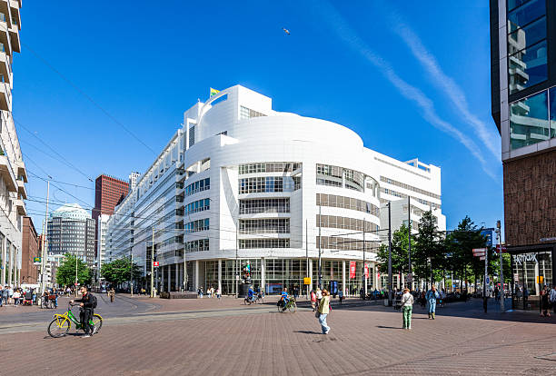 The Hague, Netherlands - May 14, 2025: The Central Library, opened in 1995 on the Spui, a former filled canal, is part of the City Hall and was designed by american architect Richard Meier.