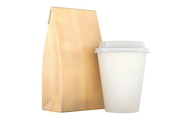 istock Takeaway coffee paper cup with plastic lid and brown kraft paper bag, disposable packaging set. 3D rendering 2220738409