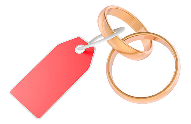 istock Wedding rings with price tag. Wedding expenses, concept. 3D rendering 2220738428