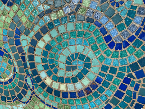 A vibrant close-up of a swirling mosaic pattern composed of blue, teal, green, and turquoise ceramic tiles. This abstract, geometric design creates a dynamic sense of motion and texture, ideal for backgrounds, design inspiration, or architectural-themed visuals