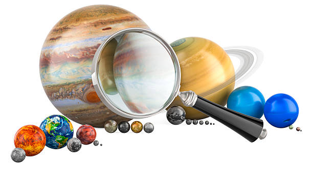 Magnifying glass with planets and satellites of the solar system, 3D rendering isolated on white background