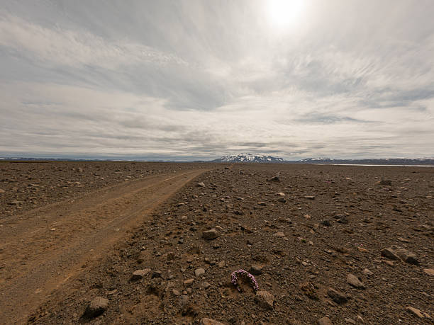 Wide view of a deserted rocky landscape with a dirt road stretching towards distant snow-covered mountains under a cloudy sky.