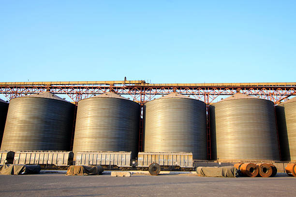 metal Tubular warehouse in bulk cargo terminal, closeup of photo