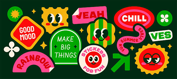 Trendy y2k stickers set. Futuristic funny patches with faces, geometric shapes and lettering. Retro Groovy Labels for printing. Flat vector illustration collection isolated on background