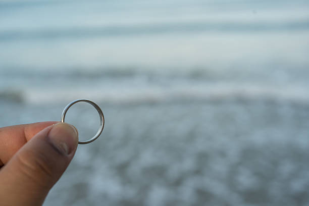 Close up of a man hand holding a ring on a background the sea.