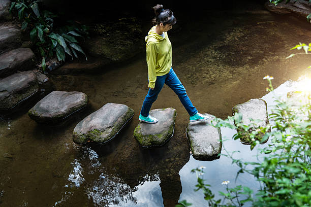 istock Woman walking on stepping stones 2220757738