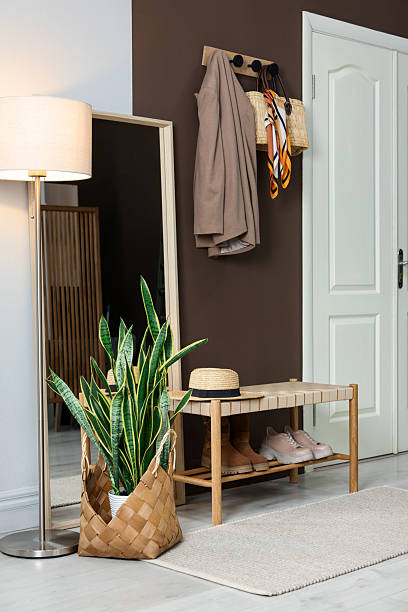 istock Stylish hallway interior with coat rack and mirror 2220759591