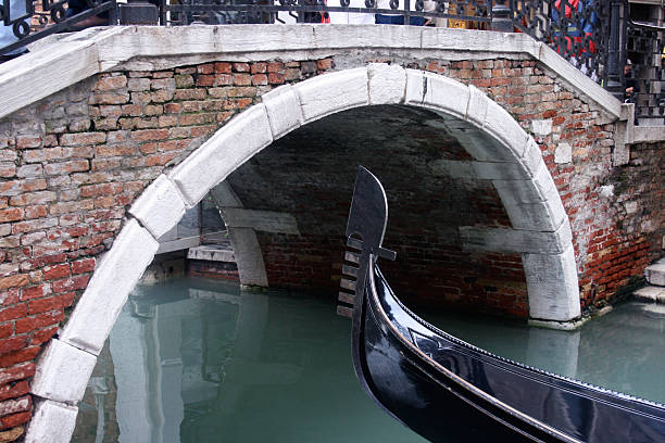 Front end of gondola passing under a canal bridge in Venice Italy.