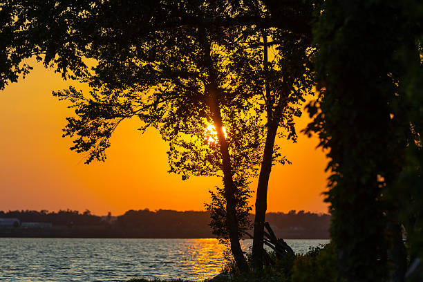 Sunset on the Mississippi River with red sky