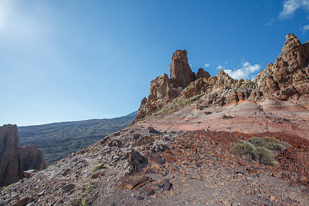 Tenerife mountain under blue sky with sun and clouds.