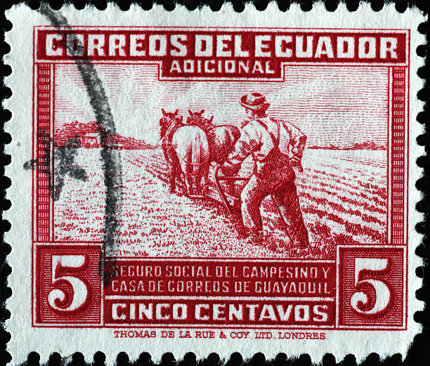 istock Farmer plowing a field on vintage postage stamp of Ecuador 2220764140