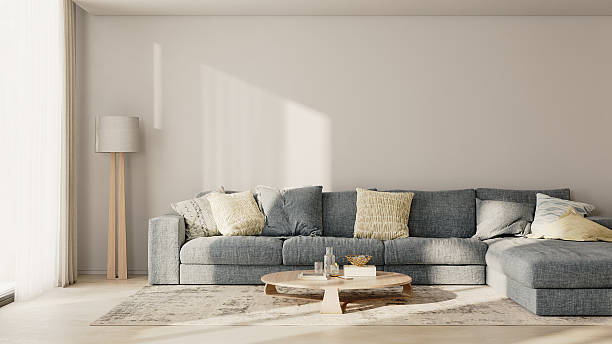 istock modern living room interior with blue sofa and empty white wall, 3d render 2220764265