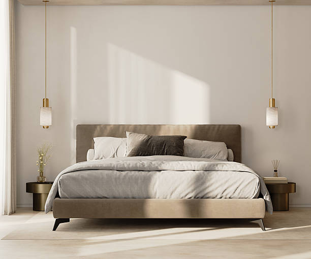 istock modern bedroom interior with bed, lamp and bedsie tables, 3d render 2220764291