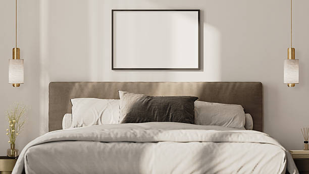 istock horizontal picture frame mock up above bed in modern bedroom interior, 3d render 2220764293