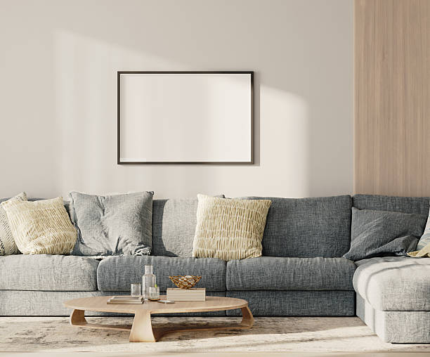 istock Horizontal frame mock-up in lounge interior with blue sofa and table with wooden panel on the wall, 3d render 2220764299