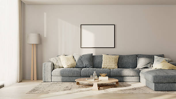 istock Horizontal picture frame in modern living room interior with blue sofa and white wall, 3d render 2220764337