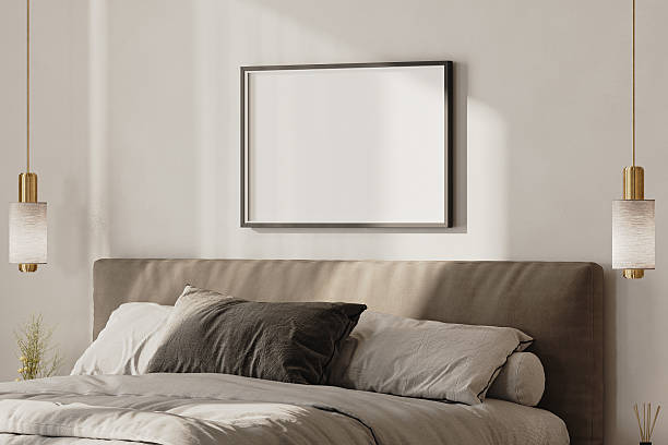 istock Horizontal frame mock up above the bed in modern bedroom interior, 3d render 2220764340