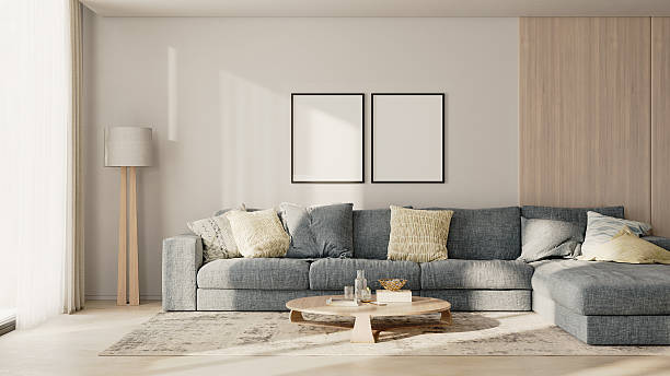 istock two frames mock-up on a white wall with wooden panel above the sofa with pillows in modern living room lounge zone, 3d render 2220764342