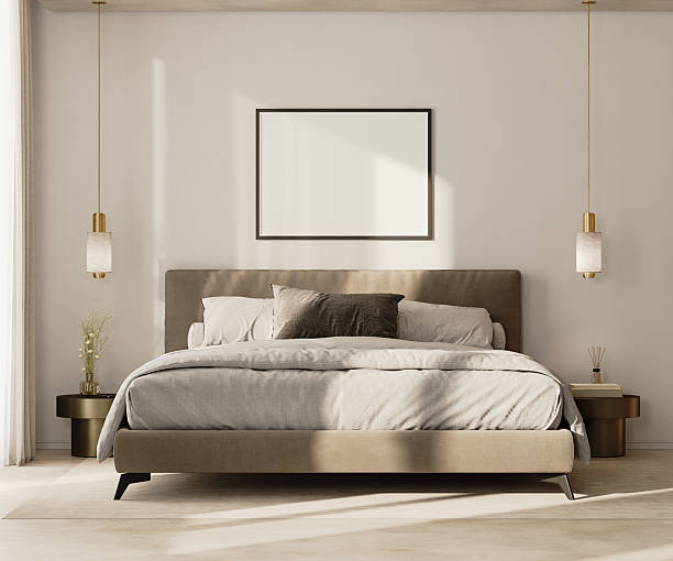 istock horizontal picture frame mock up above bed in modern bedroom interior, 3d render 2220764343