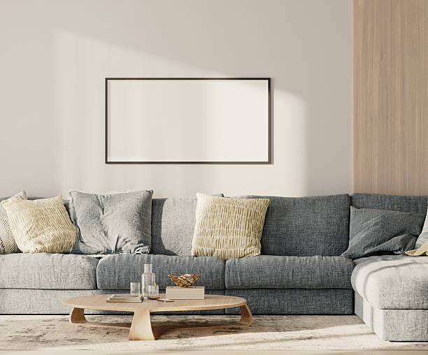 istock horizontal frame mock-up above the sofa with pillows in modern living room lounge zone, 3d render 2220764346