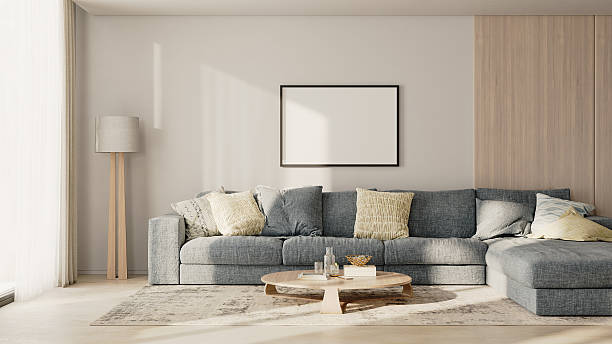 istock horizontal frame mock-up on a white wall with wooden panel above the sofa with pillows in modern living room lounge zone, 3d render 2220764366