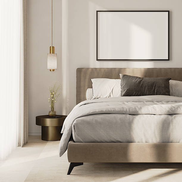 istock horizontal picture frame mock-up above bed in modern bedroom interior, 3d render 2220764369