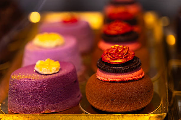 Colorful Gourmet Mini Desserts, Elegant Pastries on Golden Tray
