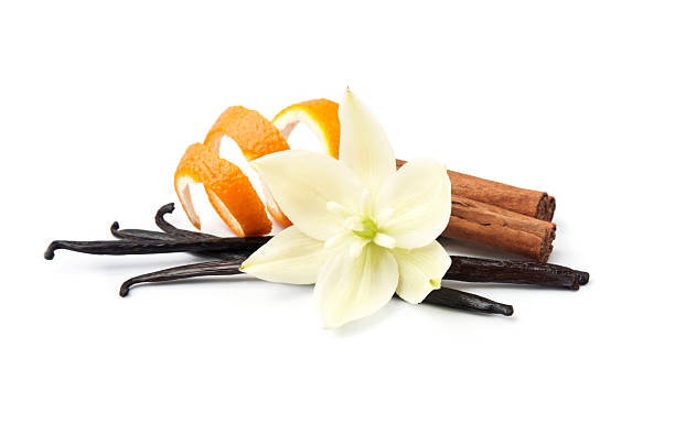 Vanilla stick with cinnamon pods and oranges zest on white backgrounds