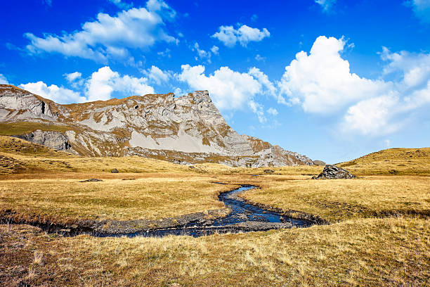 Meandering natural course of river in streambed, swiss alps mountain landscape, beautiful autumn scenery with blue sky, Melchsee Frutt, Switzerland