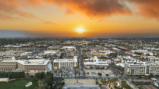 Aerial view of downtown Palm Springs, California. Looking towards the East with Palm Canyon Drive in view.