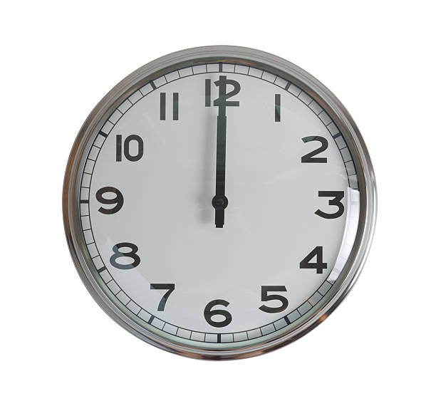 istock Wall hanging analog clock with white face and black number in classic vintage design which clock arm at 12 o'clock indicate noon time or midnight. Background isolated cutout in white background. 2220784853