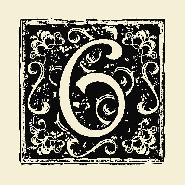 istock Vintage engraving style Number 6 decorative drop cap for beginning of old book very worn textured style 2220791156