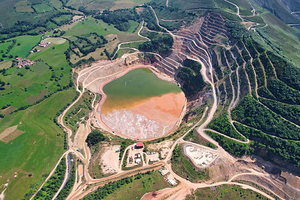Aerial view of Orovalle Minerals gold mining in Boinas valley, Belmonte de Miranda, Asturias, Spain, Europe