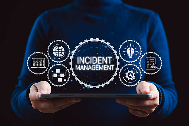 istock Incident Management System Technology Concept. A person holding tablet with interface Incident Management, icons symbolizing analytics, strategy, process, risk assessment, and problem resolution. 2220794665