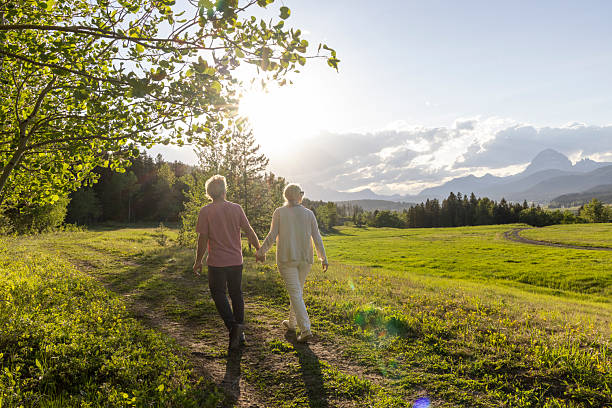 istock Mature couple walk in mountain meadow at sunset 2220794675