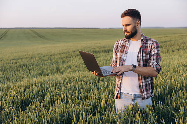 istock Agronomist using laptop standing in wheat field 2220795137