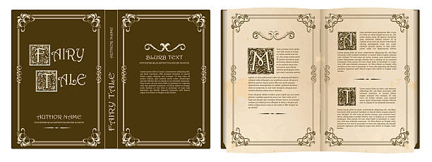 Vector illustration of a Antique Fairy Tale Book Design template with cover, spine, back cover and inside pages with vintage paper texture and hand lettered Capital letters. All fonts for placement only and are converted to outlines or expanded. Vector eps fully editable aside from text and high resolution jpg in download.