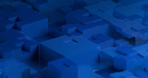 Abstract, geometric arrangement of small, blue, cube-like structures in varying heights creates a textured, three-dimensional landscape