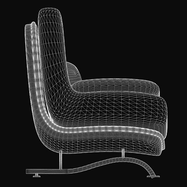 istock 3D wireframe model of a stylish lounge chair with a curved backrest and armrests, featuring a plush cushion for comfort. The black background highlights the chair's sleek design and realistic. 2220808500