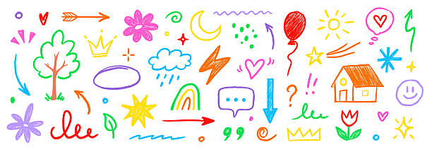 istock Hand drawn crayon child pencil style icon set. Cute rainbow, heart, crown, flower and sun in colorful kid doodle style. Chalk texture, cloud, smile, star and sketch figure for play or school design. Vector 2220812398