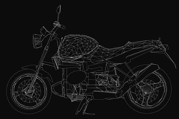 istock Motorcycle in black and white wireframe style, featuring detailed handlebars, seat, and wheels against a dark background. The intricate linework highlights the bike's mechanical structure. 2220812845