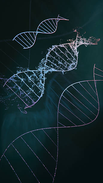 istock Vertical 3D Holographic Illustration of Multiple DNA Helices with Dynamic Particles on Futuristic Dark Interface 2220813461